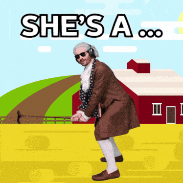 a man in a brown coat stands in front of a red barn with the words she 's a