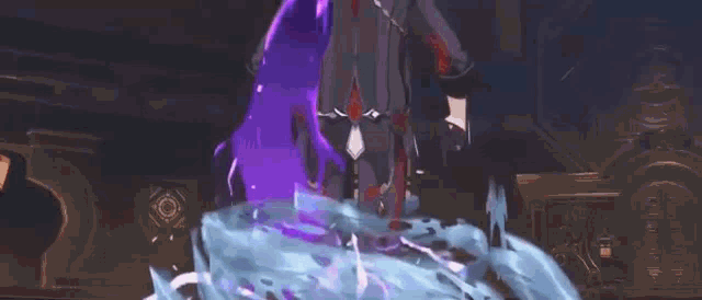 a person is standing in a room with a sword in their hand and a purple light coming out of it .