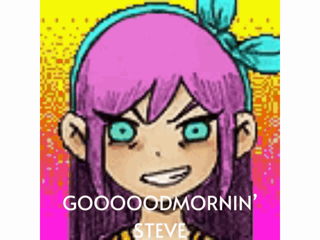 a pixel art of a girl with purple hair and blue eyes with the words goooood mornin steve