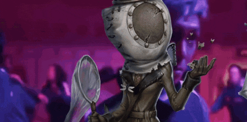 a man with a bag on his head is holding a magnifying glass and a butterfly net .