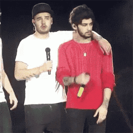 a man in a red sweater is standing next to a man in a white shirt holding a microphone .