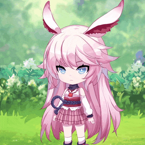 a girl with long pink hair and bunny ears is standing in a field