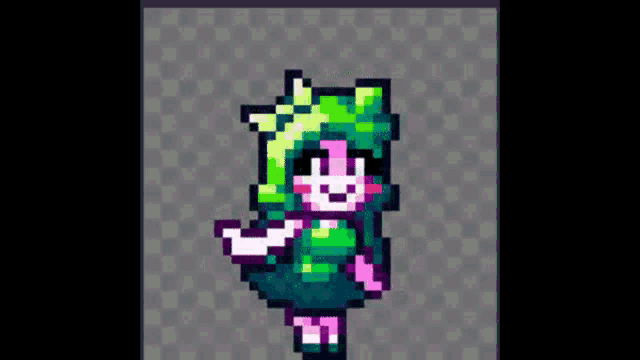 a pixel art drawing of a girl with green hair and a scarf .