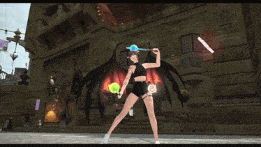 a woman in a video game with wings holding a sword and a green key
