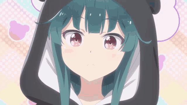 a girl with green hair and red eyes is wearing a black hooded jacket