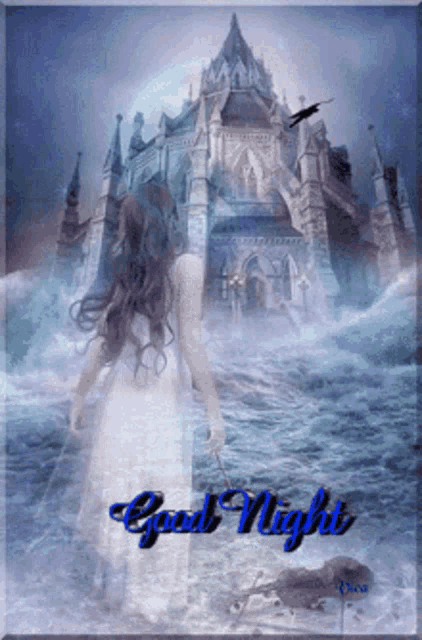 a woman in a white dress is standing in front of a castle with the words good night written below her