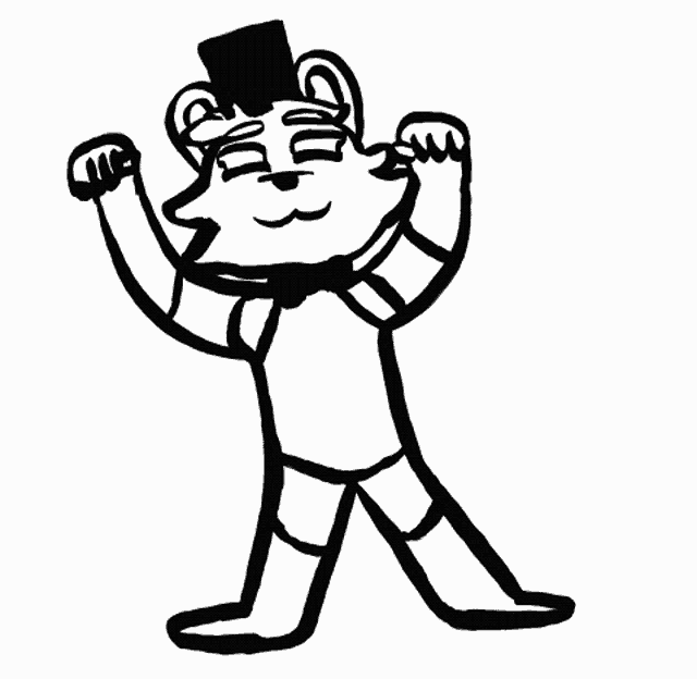 a black and white drawing of a bear with his arms in the air