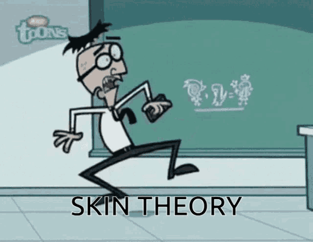 a cartoon of a man running in front of a blackboard with the words skin theory written below him