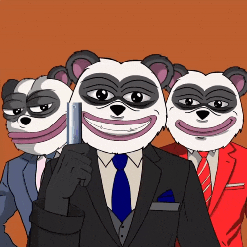 three panda bears are wearing suits and ties and holding guns