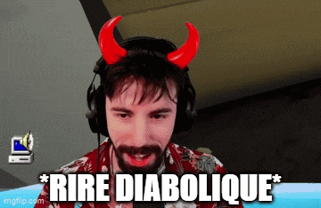 a man wearing headphones has devil horns on his head and the words " rire diabolique " below him