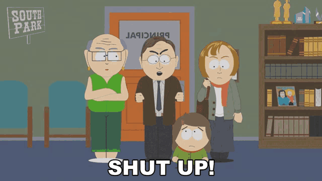 a group of south park characters standing in front of a door that says shut up