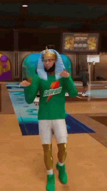 a man wearing a green gatorade sweater and gold knee pads