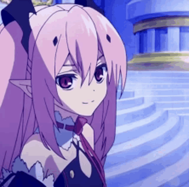 a girl with pink hair and red eyes is standing on stairs