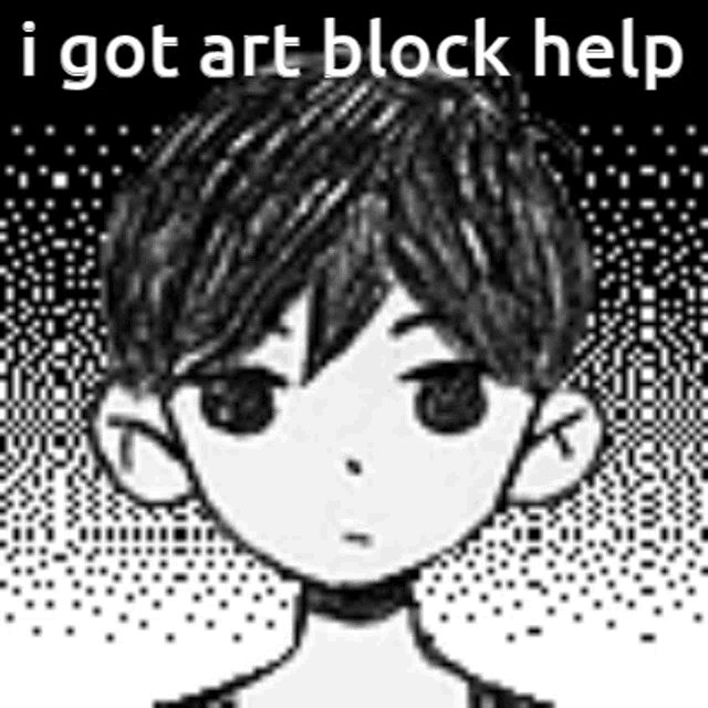 a black and white drawing of a boy with the words `` i got art block help '' on it .