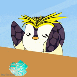 a cartoon of a penguin with a yellow mohawk looking at something