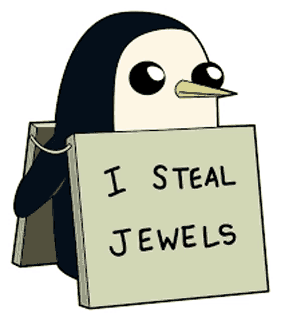 a penguin with a sign that says i steal jewels