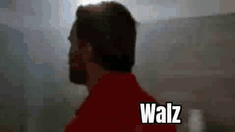 a man in a red shirt is standing in front of a mountain with the word walz written on the bottom .