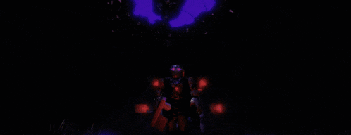 two robots are standing in a dark room with one holding a gun and the other holding a rope