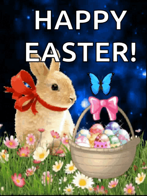 a happy easter greeting card with a bunny and a basket of easter eggs