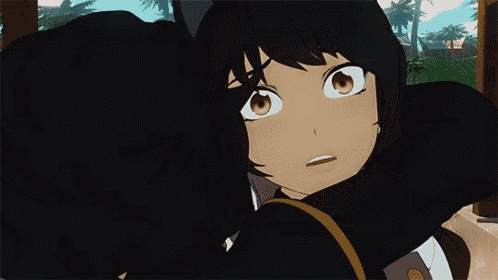 a cartoon girl with black hair and yellow eyes is hugging a black cat .