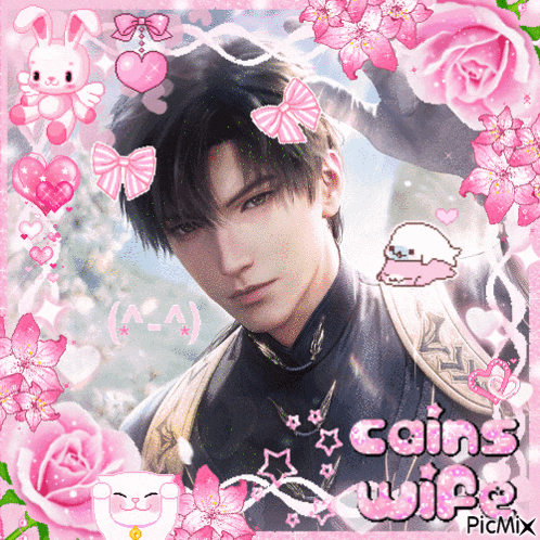 a picture of a man surrounded by pink flowers with the words coins wife