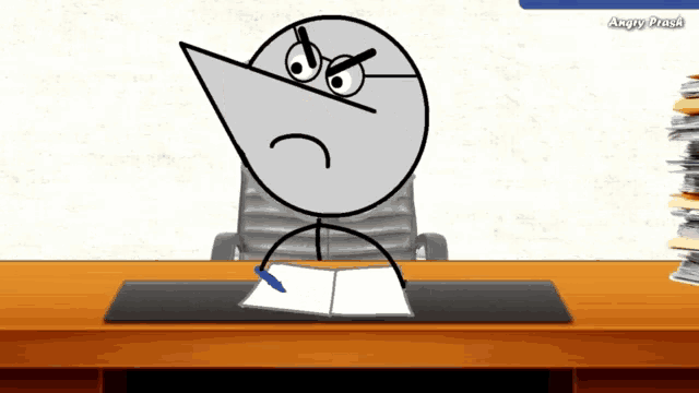 a cartoon character is sitting at a desk with a stack of books behind him