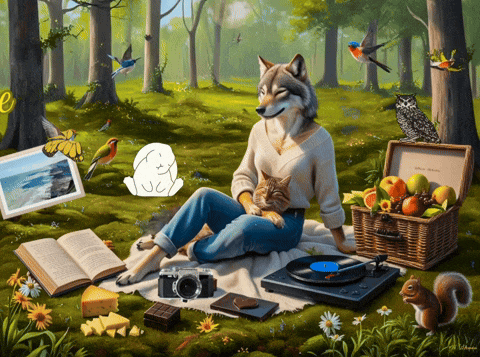 a painting of a wolf sitting on a blanket with a cat and a record player