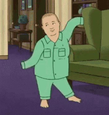 a cartoon character is dancing in a living room with a green couch .