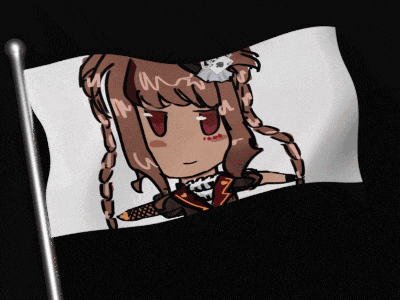a flag with a drawing of a girl with braids and red eyes