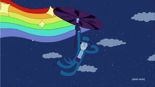 a cartoon character is flying through the air holding an umbrella and a rainbow