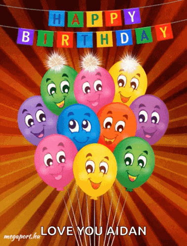 a bunch of colorful balloons with faces on them and a happy birthday banner