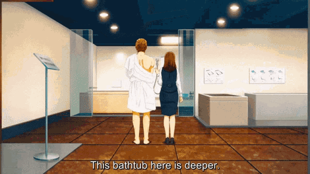 a man and a woman are standing in a bathroom with the words this bathtub here is deeper on the bottom