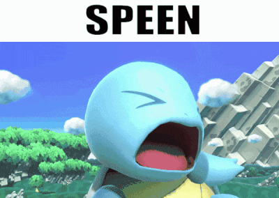 a cartoon squirtle is screaming with the word speen above it
