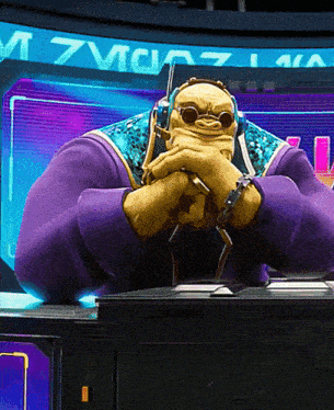 a cartoon character wearing sunglasses and headphones is sitting in front of a sign that says m7vca7