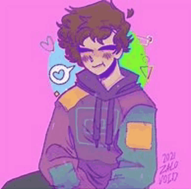 a drawing of a boy in a hoodie on a pink background with hearts around him .