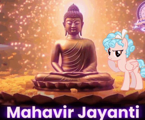 a poster for mahavir jayanti with a statue of a buddha and a pony