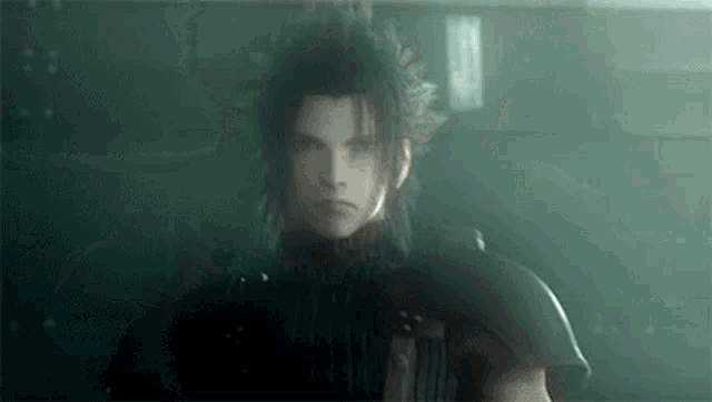 a close up of a video game character in a dark room with a green background .