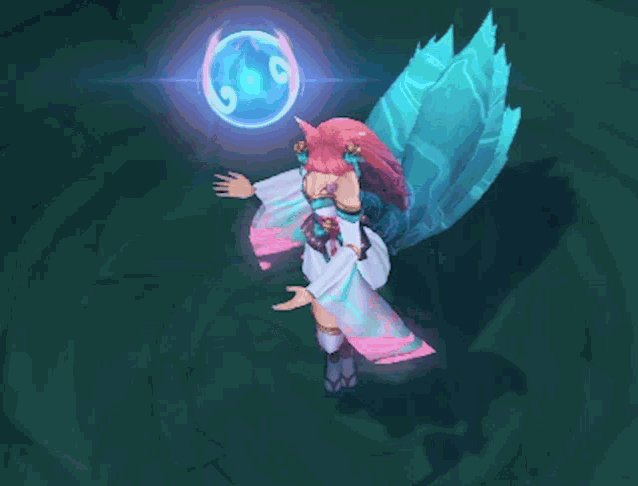 a cartoon character with pink hair and a blue tail is holding a blue sphere