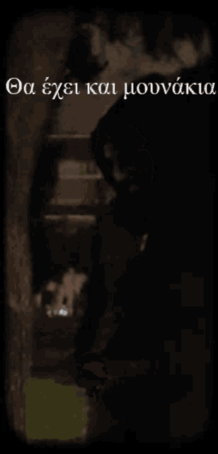 a man in a black hood is standing in a dark room with the words " oa exei kai mounaki " above him