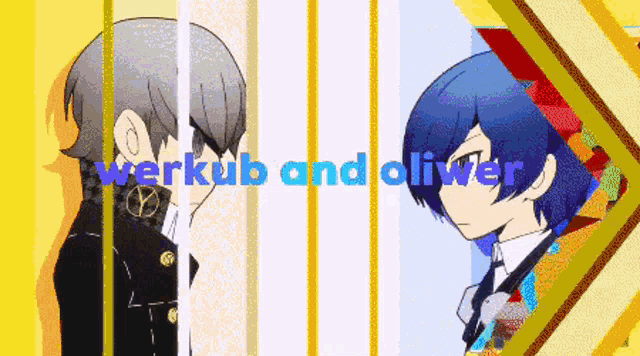 a cartoon of werkub and oliver with a yellow background