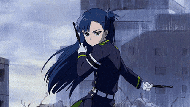 a girl with long blue hair is holding a stick in her right hand