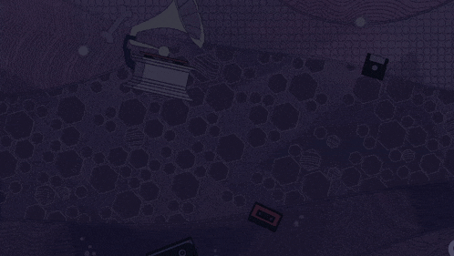 a drawing of a dog and a gramophone with a cassette tape on the ground