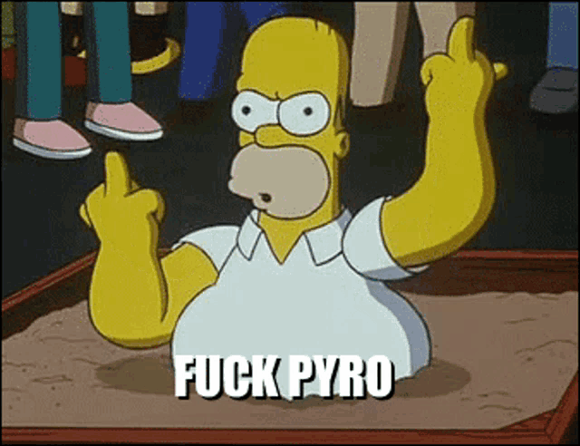 a cartoon of homer simpson giving the middle finger with the word fuck pyro below him