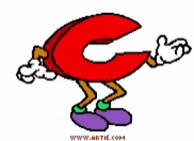 a cartoon drawing of a red letter c with hands and legs
