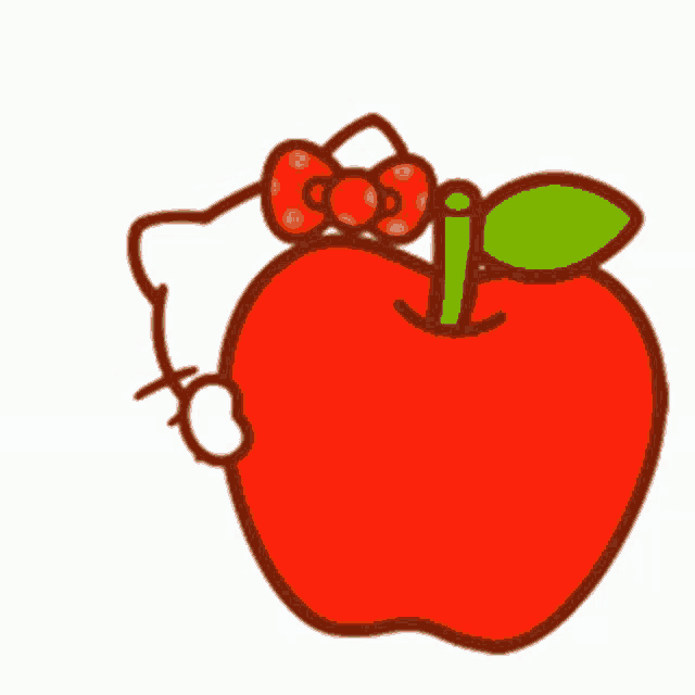 a drawing of hello kitty holding an apple