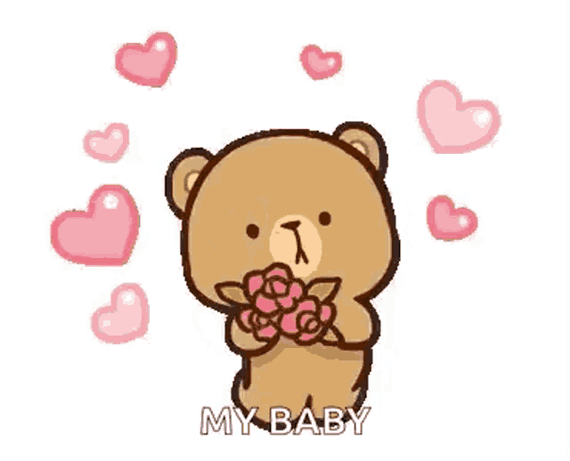 a teddy bear is holding a bouquet of roses and hearts are surrounding it .