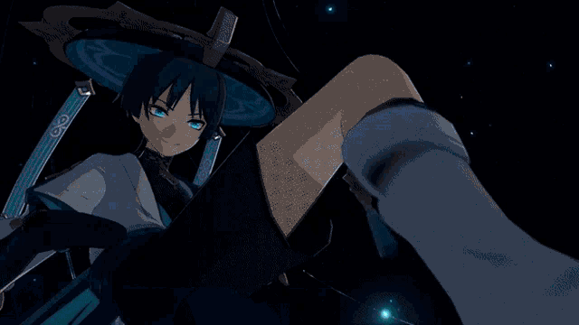 a cartoon character with blue hair and a hat is kicking