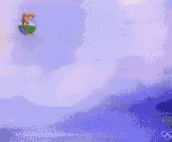a cartoon character is flying over a body of water with mountains in the background