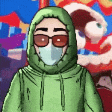 a cartoon of a person wearing a green hoodie and sunglasses