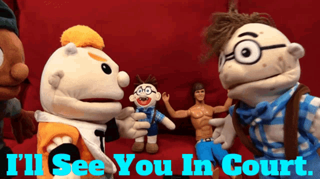 a group of stuffed animals with the words i 'll see you in court on the bottom